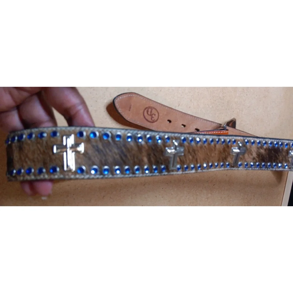 3D Leather Cross, Cowhide & Gems Belt Sz 39-42 (7757)